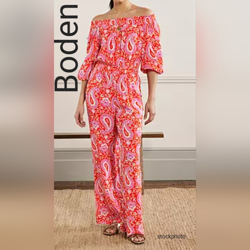 Boden Beautiful Off Shoulder Flowy Women's Red Paisley Jumpsuit Size 8 NWT